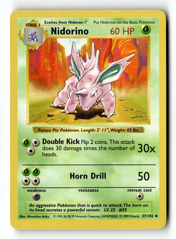 Pokemon Card Nidorino Unlimited LP Base Set (Shadowless) 37/102