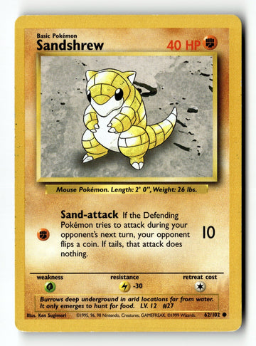 Pokemon Card Sandshrew Unlimited LP Base Set 062/102