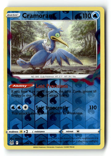 Pokemon Card Cramorant LP SWSH11: Lost Origin Reverse Holo Rare 050/196