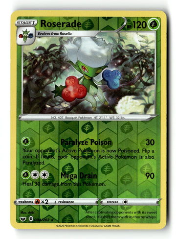 Pokemon Card Roserade Reverse Holo LP Sword & Shield Base Set Rare 004/202