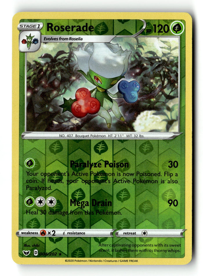 Pokemon Card Roserade Reverse Holo LP Sword & Shield Base Set Rare 004/202