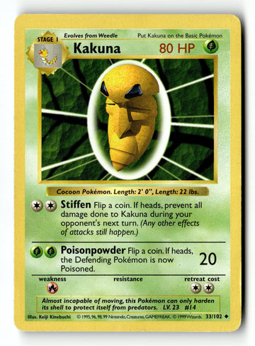 Pokemon Card Kakuna LP Base Set (Shadowless) Uncommon 033/102