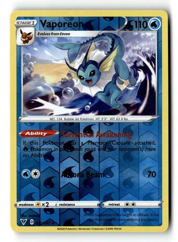 Pokemon Card Vaporeon Reverse Holo LP SWSH04: Vivid Voltage 30/185