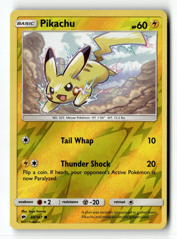 Pokemon Card Pikachu Reverse Holo LP SM - Burning Shadows 40/147