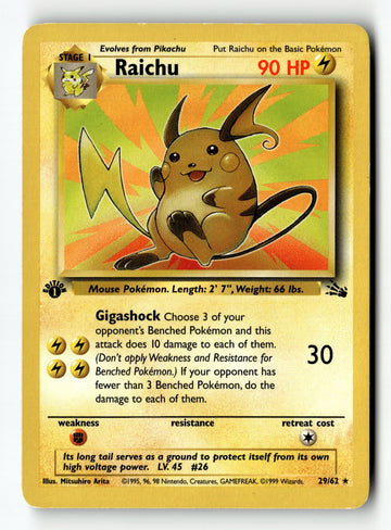 Pokemon Card Raichu (29) 1st Edition LP Fossil 29/62