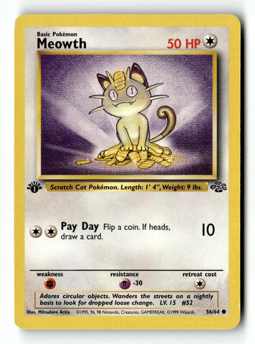 Pokemon Card Meowth 1st Edition LP Jungle 56/64