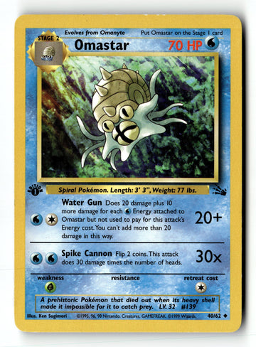 Pokemon Card Omastar 1st Edition LP Fossil 40/62