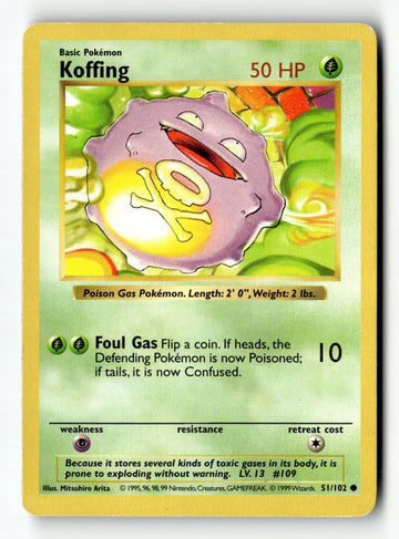 Pokemon Card Koffing Unlimited LP Base Set (Shadowless) 051/102