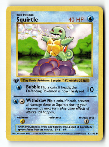 Pokemon Card Squirtle 1st Edition LP Base Set (Shadowless) 063/102