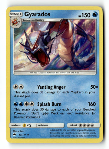 Pokemon Card Gyarados Holo LP SM - Burning Shadows 33/147