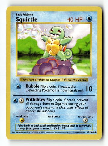 Pokemon Card Squirtle Unlimited LP Base Set (Shadowless) 063/102