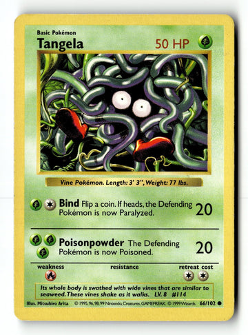 Pokemon Card Tangela Unlimited LP Base Set (Shadowless) 066/102