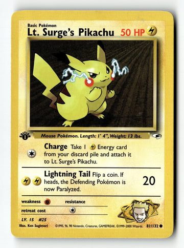 Pokemon Card Lt. Surge's Pikachu 1st Edition LP Gym Heroes 081/132