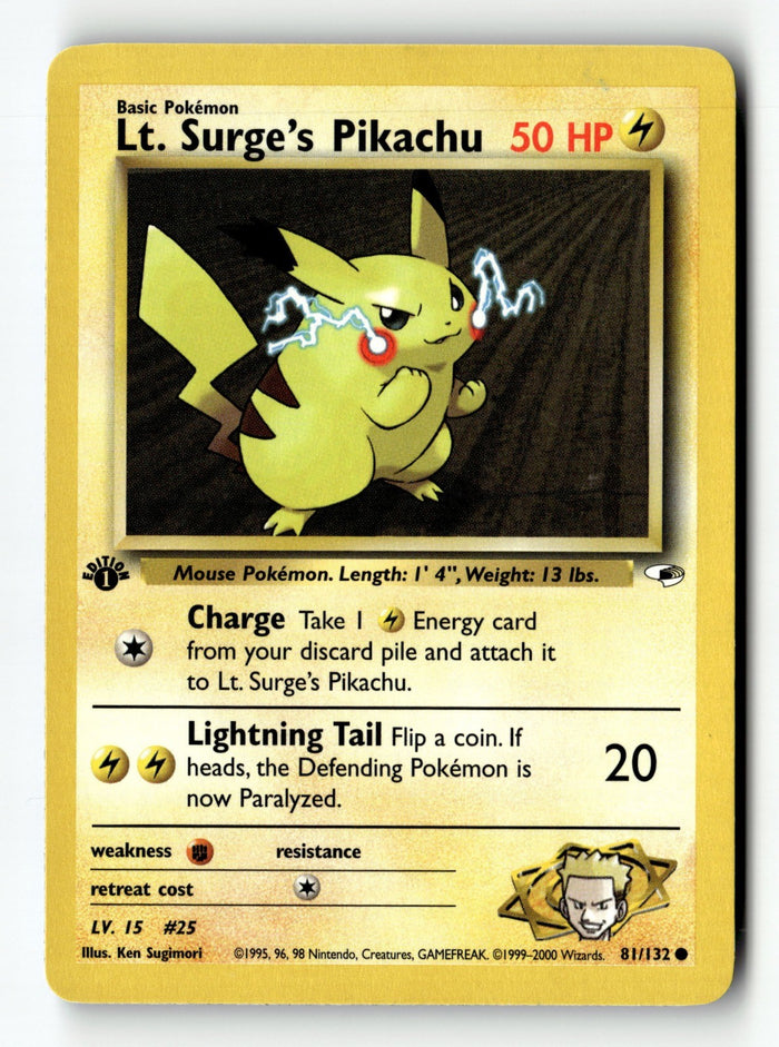 Pokemon Card Lt. Surge's Pikachu 1st Edition LP Gym Heroes 081/132