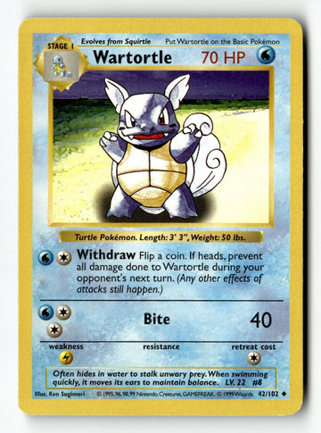 Pokemon Card Wartortle Unlimited LP Base Set Shadowless 042/102