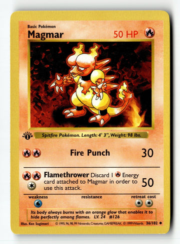 Pokemon Card Magmar 1st Edition LP Base Set (Shadowless) 36/102
