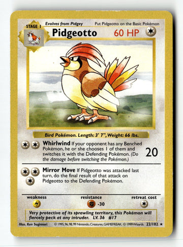 Pokemon Card Pidgeotto Unlimited LP Base Set (Shadowless) 022/102