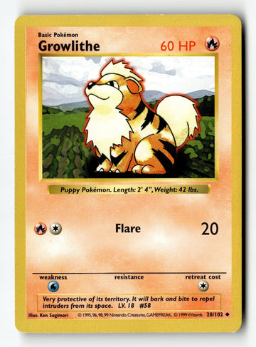 Pokemon Card Growlithe Unlimited LP Base Set (Shadowless) 028/102