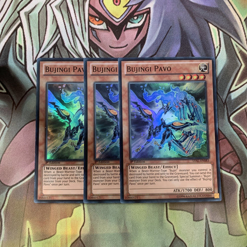 LVAL-EN083 x3 Bujingi Pavo Super Rare Excellent Condition Yugioh