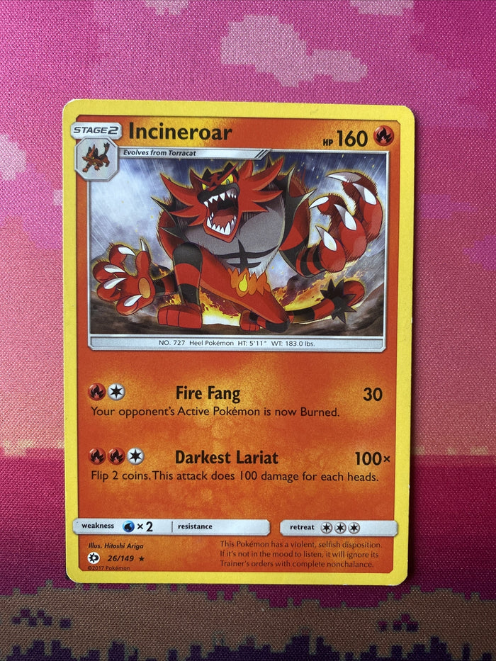 Pokemon Card Incineroar Sun & Moon Rare 26/149 Near Mint