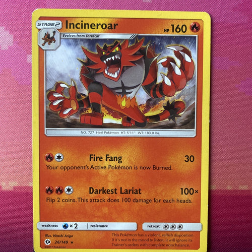 Pokemon Card Incineroar Sun & Moon Rare 26/149 Near Mint