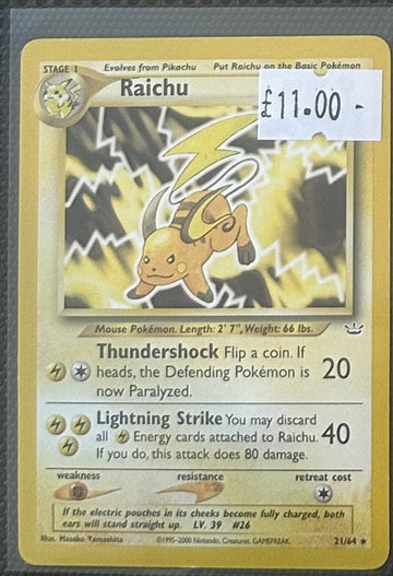 Pokemon Card Raichu Neo Revelation Rare 21/64 Lightly Played