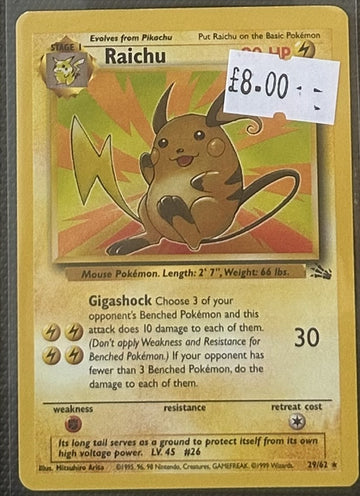Pokemon Card Raichu Fossil Rare 29/62 Lightly Played