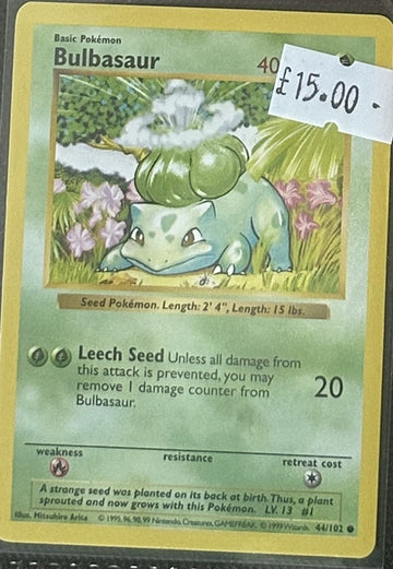 Pokemon Card Bulbasaur Base Set Shadowless Common 44/102 Lightly Played