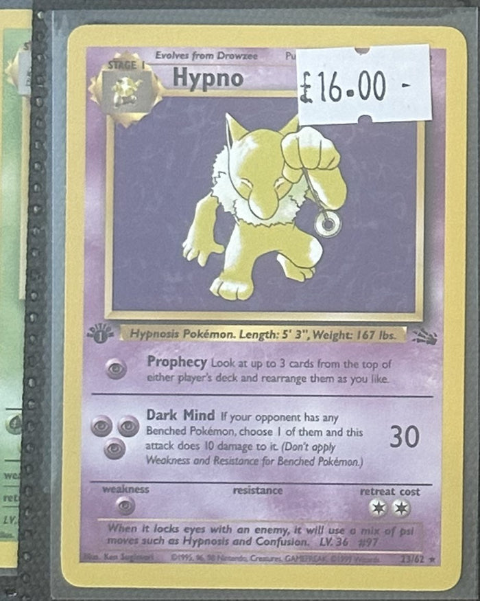 Pokemon Card Hypno Fossil 1st Edition Rare 23/62 Lightly Played