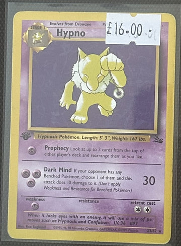 Pokemon Card Hypno Fossil 1st Edition Rare 23/62 Lightly Played