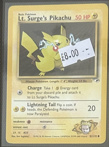 Pokemon Card Lt. Surge's Pikachu Gym Heroes Common 81/132 Lightly Played