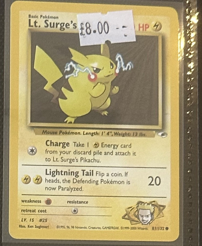 Pokemon Card Lt. Surge's Pikachu Gym Heroes Common 81/132 Lightly Played