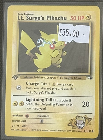 Pokemon Card Lt. Surge's Pikachu Gym Heroes 1st Edition Common 81/132 LP