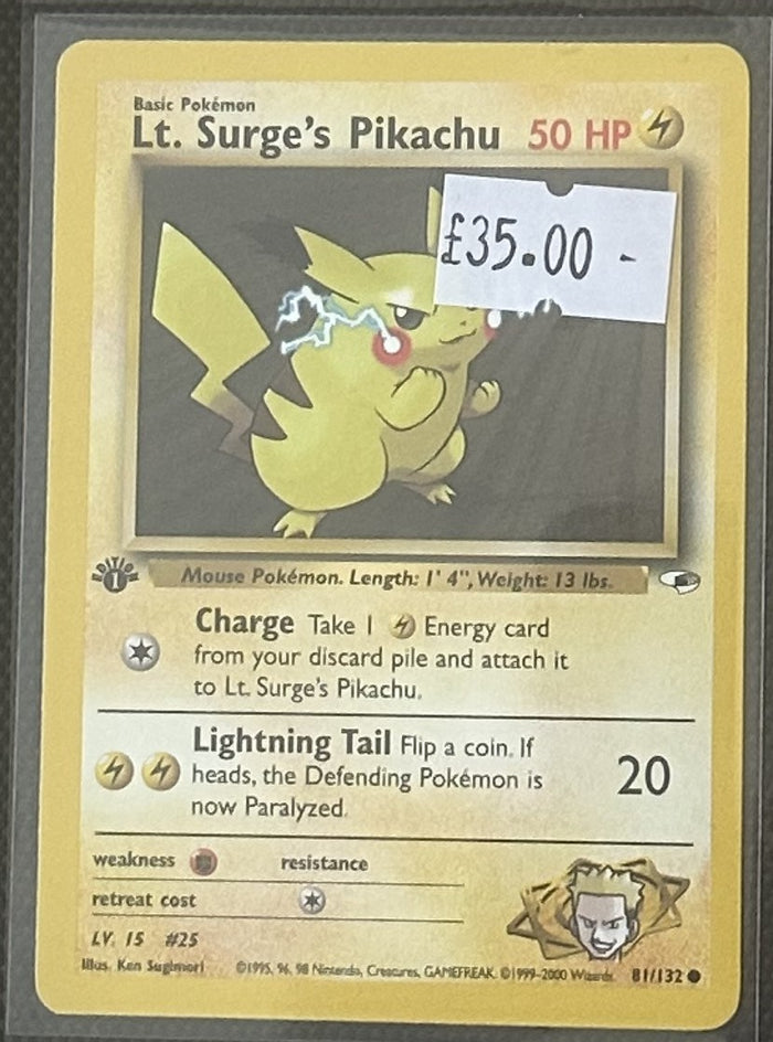 Pokemon Card Lt. Surge's Pikachu Gym Heroes 1st Edition Common 81/132 LP