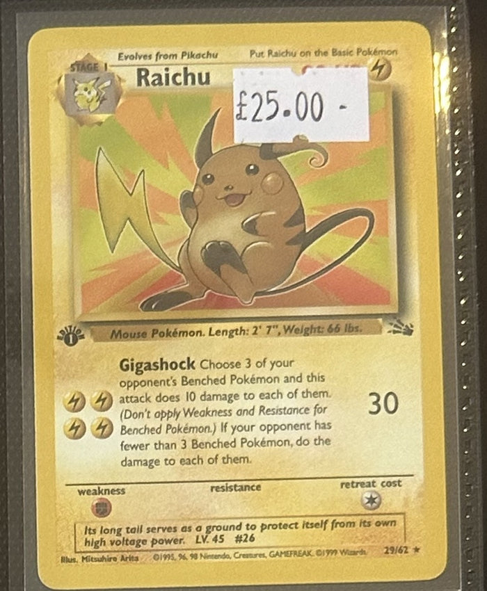 Pokemon Card Raichu Fossil 1st Edition Rare 29/62 Lightly Played