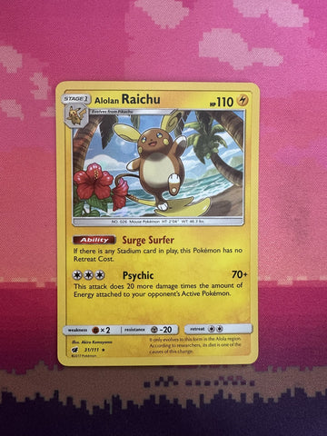 Pokemon Card Alolan Raichu Crimson Invasion Holo Rare 31/111 Near Mint