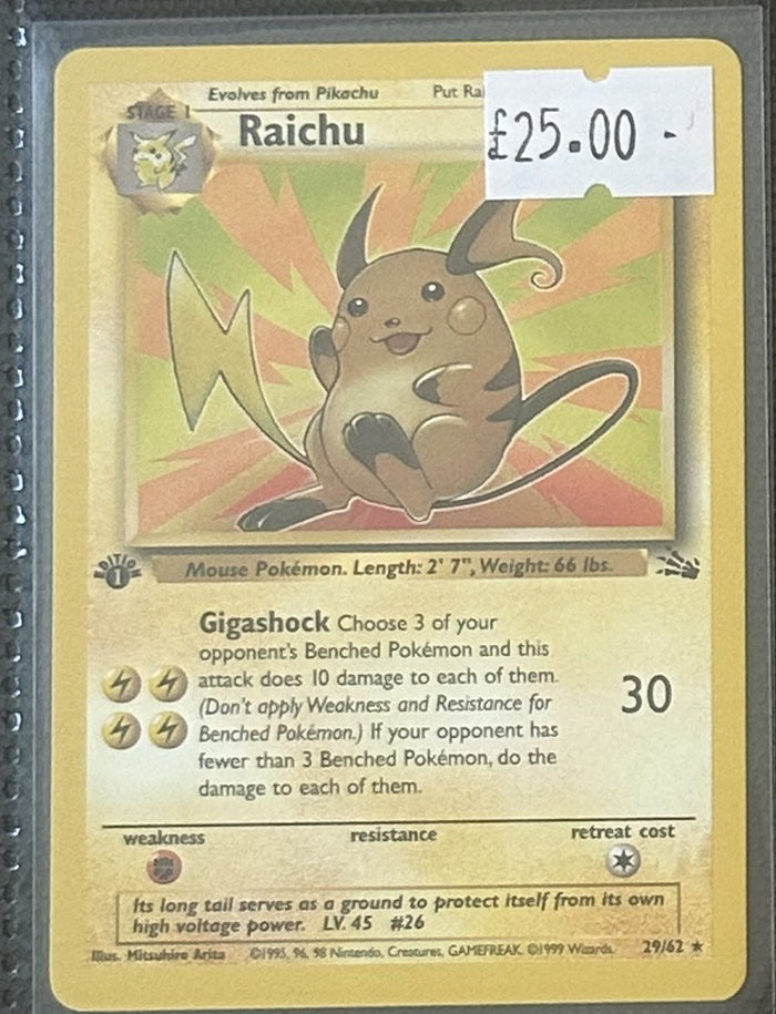 Pokemon Card Raichu Fossil 1st Edition Rare 29/62 Lightly Played