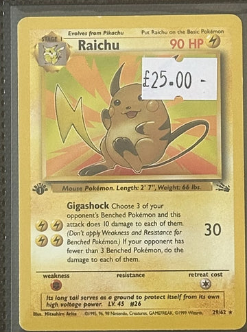 Pokemon Card Raichu Fossil 1st Edition Rare 29/62 Lightly Played