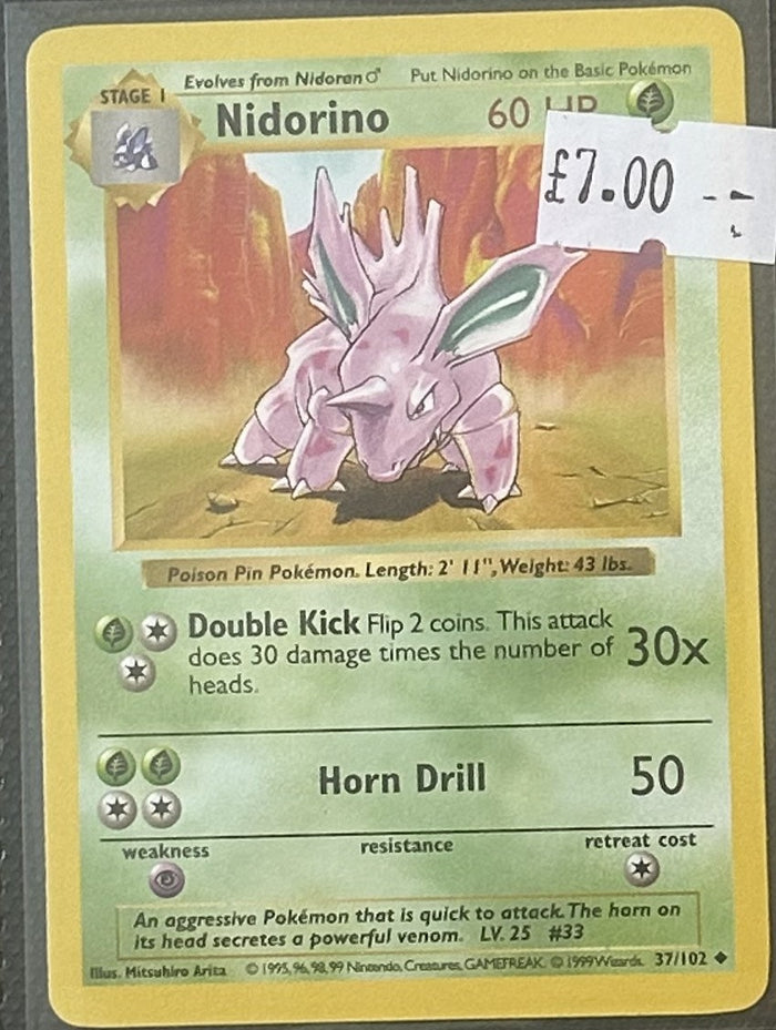 Pokemon Card Nidorino Base Set Shadowless Uncommon 37/102 Lightly Played