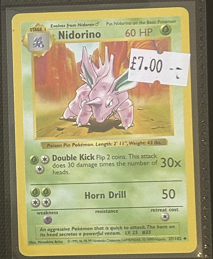 Pokemon Card Nidorino Base Set Shadowless Uncommon 37/102 Lightly Played