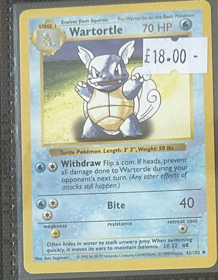 Pokemon Card Wartortle Base Set Shadowless Uncommon 42/102 Lightly Played