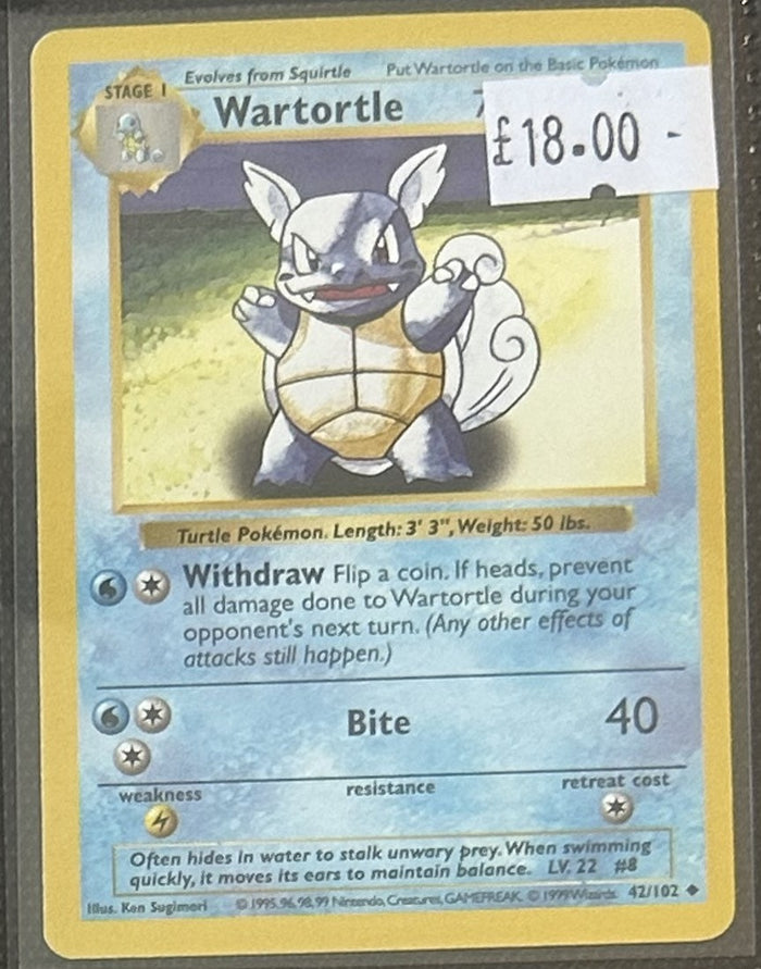 Pokemon Card Wartortle Base Set Shadowless Uncommon 42/102 Lightly Played