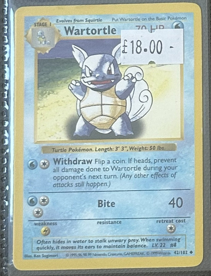Pokemon Card Wartortle Base Set Shadowless Uncommon 42/102 Lightly Played