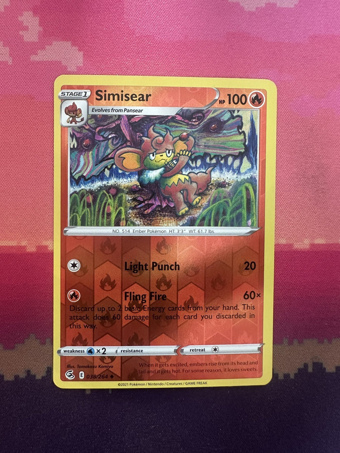 Pokemon Card Simisear Fusion Strike Reverse Holo 038/264 Near Mint