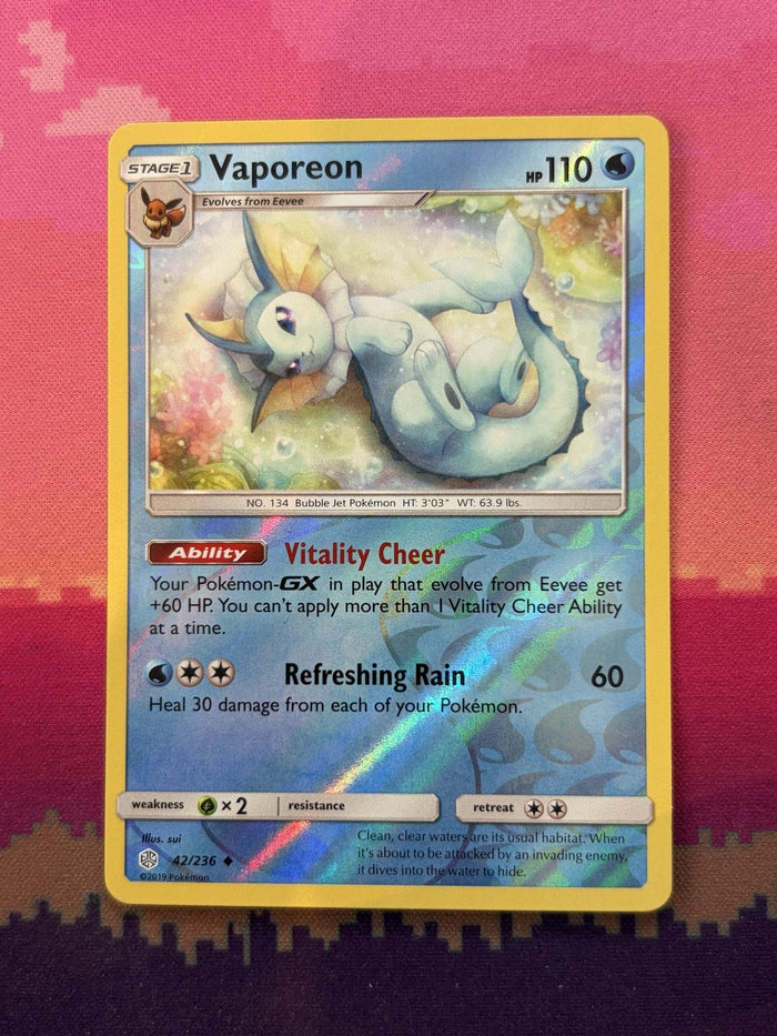Pokemon Card Vaporeon Cosmic Eclipse Reverse Holo 42/236 Near Mint