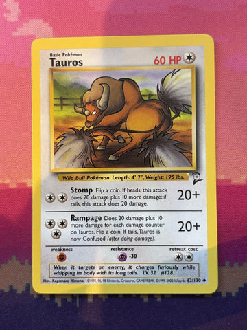 Pokemon Card Tauros Base Set 2 Uncommon 62/130 Near Mint
