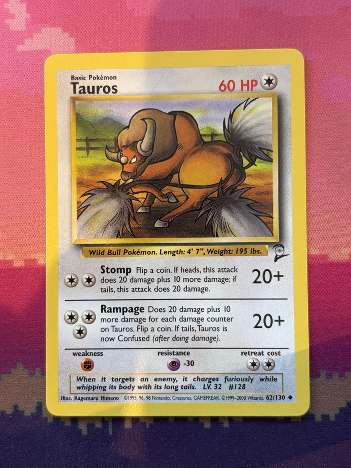 Pokemon Card Tauros Base Set 2 Uncommon 62/130 Near Mint