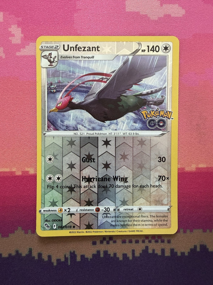 Pokemon Card Unfezant Pokemon GO Reverse Holo Uncommon 063/078 Near Mint
