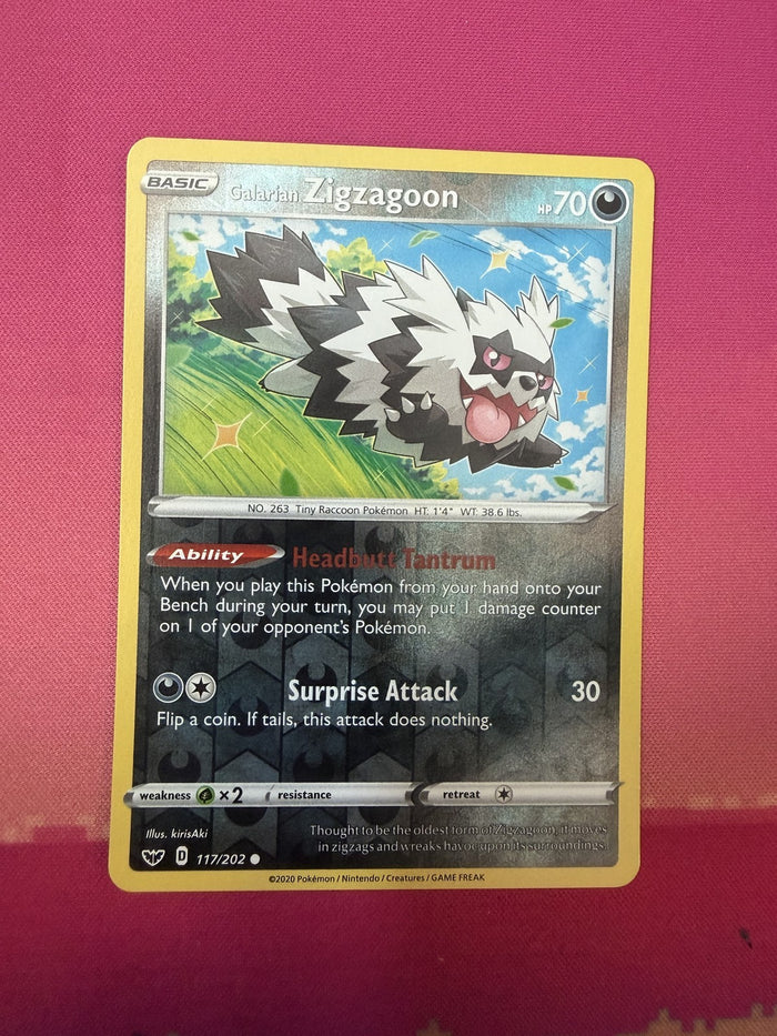 Pokemon Card Galarian Zigzagoon Reverse Holo Sword & Shield Base 117/202 NM