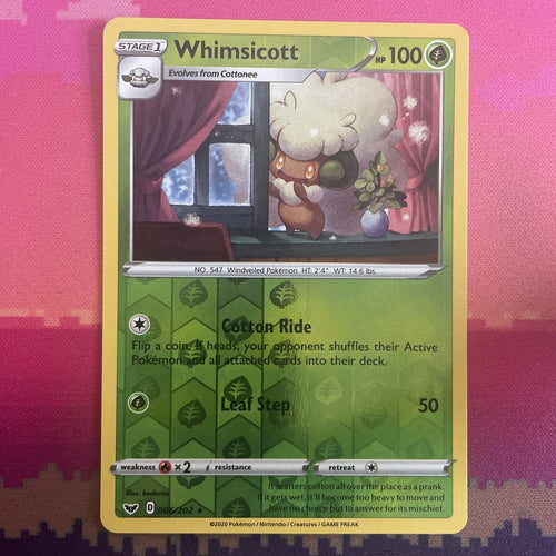 Pokemon Card Whimsicott Sword & Shield Reverse Holo Rare 006/202 NM
